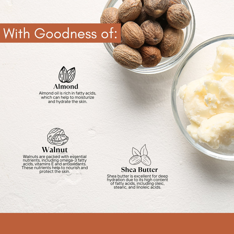 Image highlighting benefits of Lashika Almond Walnut Scrub with Almond for nourishment, Walnut for exfoliation, and Shea Butter for deep moisturization and skin softness.