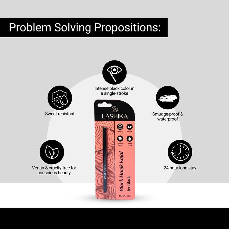 Lashika Black Magik Kajal, 24-hour long stay, jet black, smudge-proof, waterproof, and vegan for intense eye color.