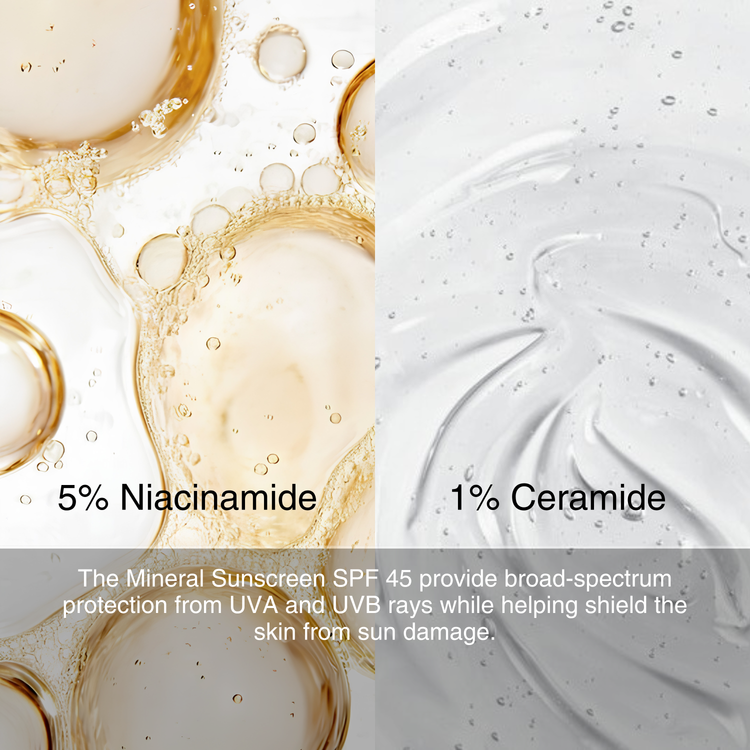 Lashika Mineral sunscreen SPF 45 with 5% Niacinamide and 1% Ceramide, featuring bubbles and a smooth texture.