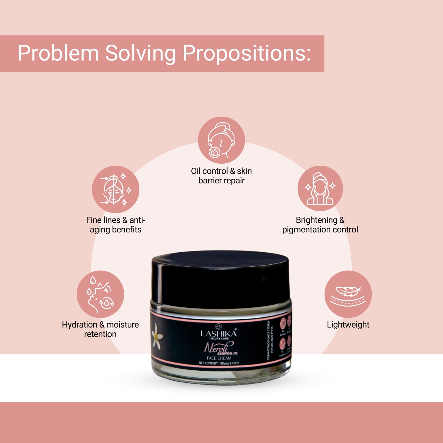 Lashika Neroli Face Cream with Ceramides & Glycolic Acid for hydration, brightening, and anti-aging care.