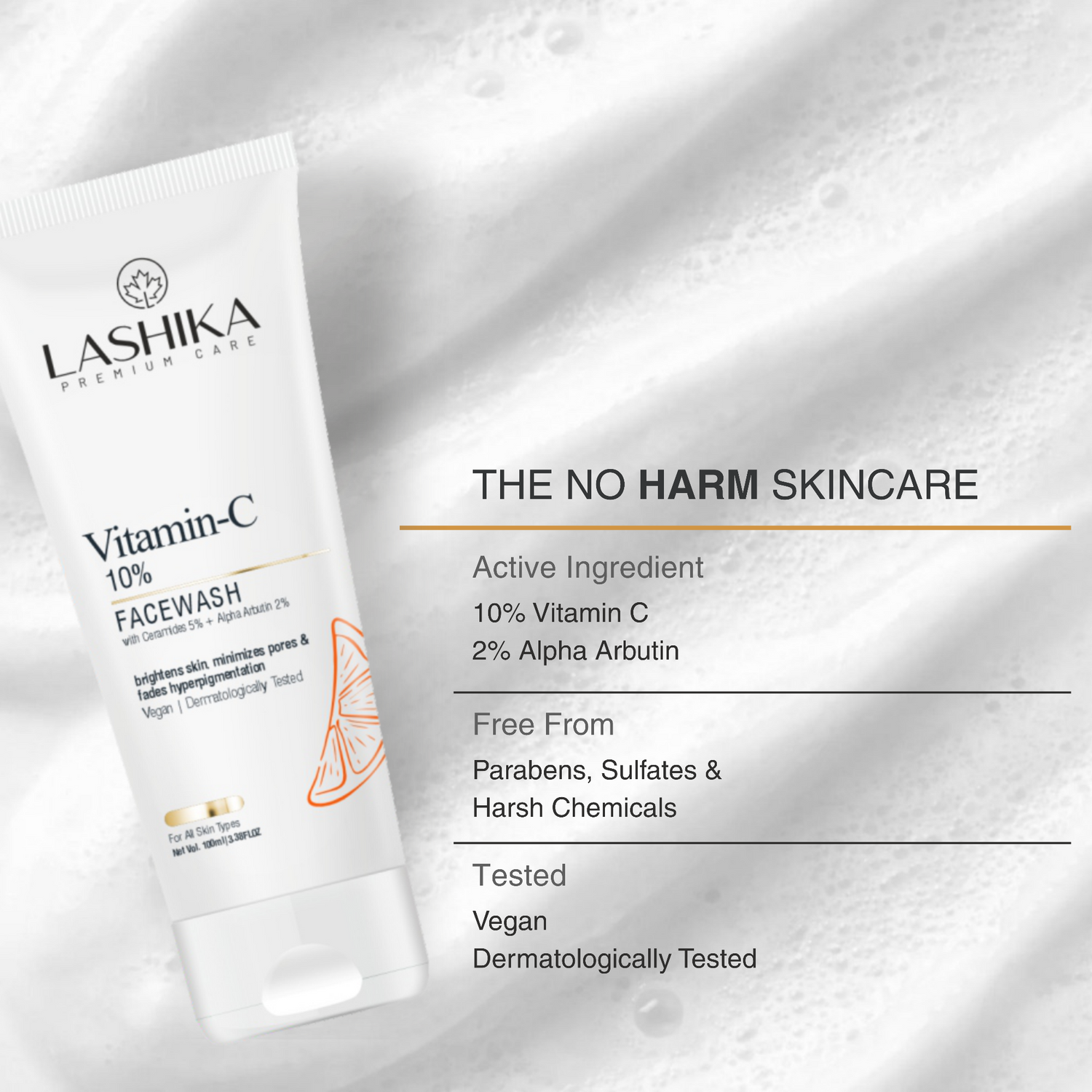 Lashika Vitamin-C face wash tube on a white background with product details.