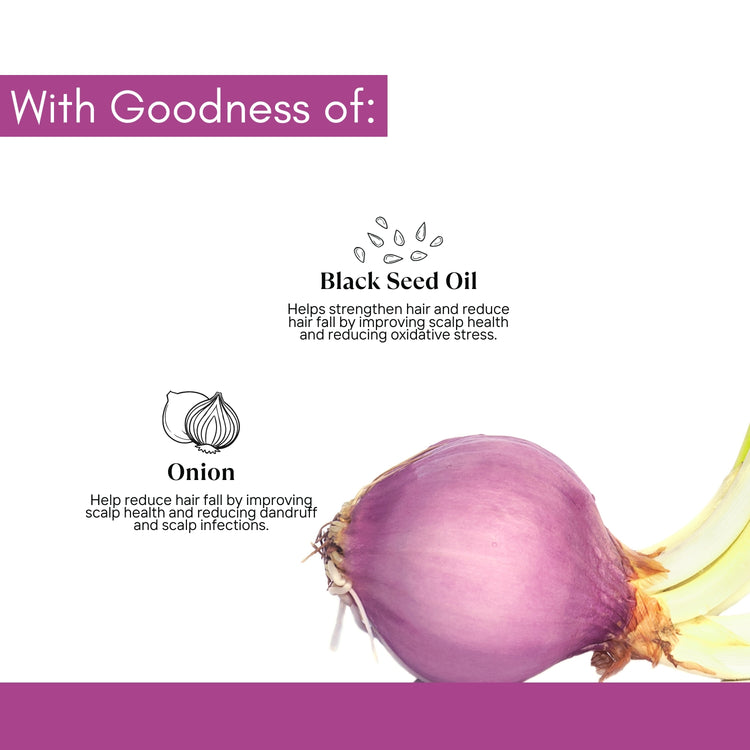 An educational image showcasing the benefits of using onion for hair oil, including promoting hair growth, reducing hair fall, improving scalp health