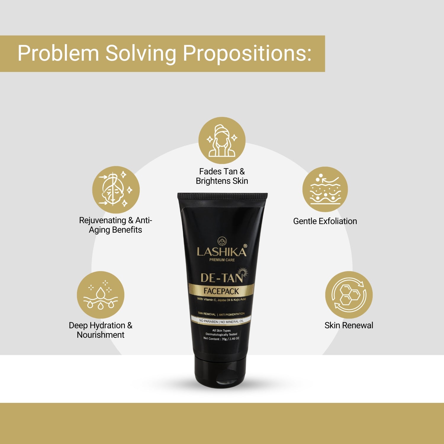Lashika De-Tan Facepack brightens skin, fades tan, exfoliates gently, hydrates deeply, and offers anti-aging benefits.