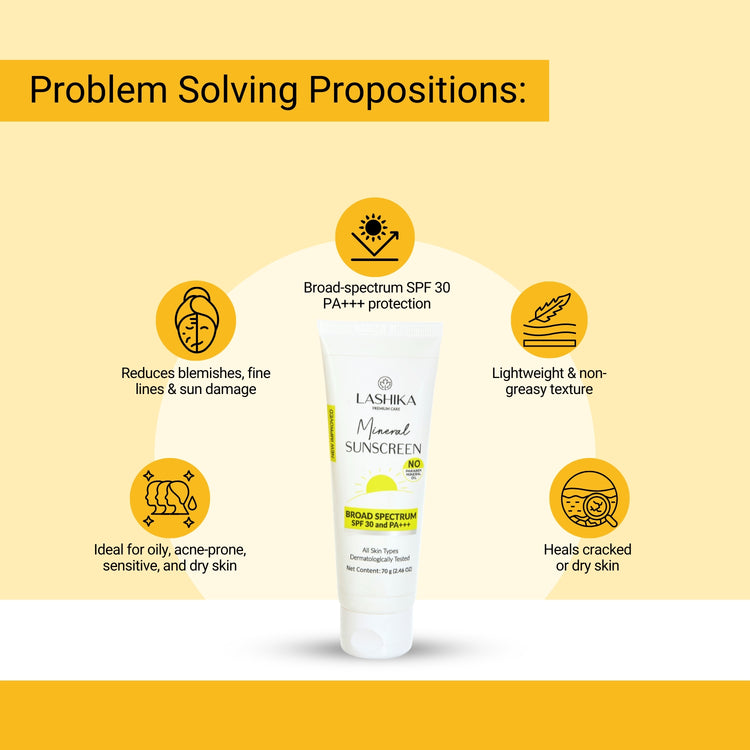 Lashika SPF 30 PA+++ sunscreen protects from UV rays, reduces blemishes, non-greasy, suits all skin types.