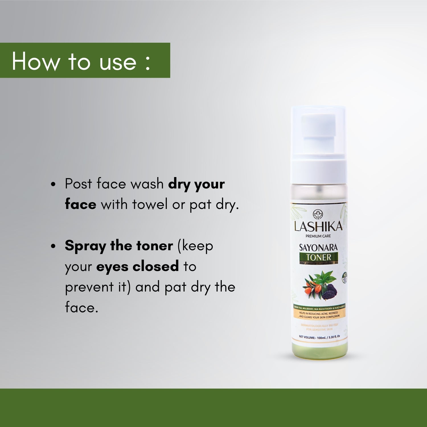 Lashika Sayonara Toner – Simply spray after cleansing, pat dry, and let your skin absorb the refreshing blend of Green Tea, Sea Buckthorn, and Licorice for a balanced, radiant look.