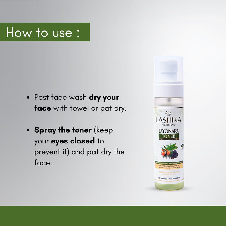 Lashika Sayonara Toner – Simply spray after cleansing, pat dry, and let your skin absorb the refreshing blend of Green Tea, Sea Buckthorn, and Licorice for a balanced, radiant look.