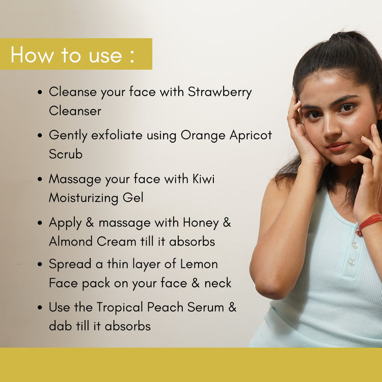 How to Use Lashika Fruit Fusion Facial Kit – Step-by-step skincare routine for cleansing, exfoliating, masking, hydrating, and nourishing.