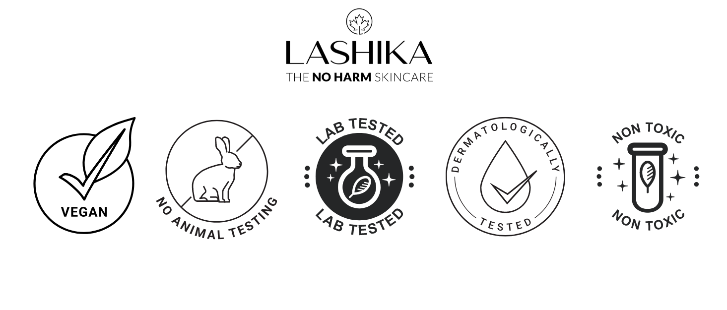 Lashika Skincare logo and seals indicating the brand's commitment to ethical and safe practices. The seals include symbols for vegan, cruelty-free, lab-tested, dermatologically tested, and non-toxic.