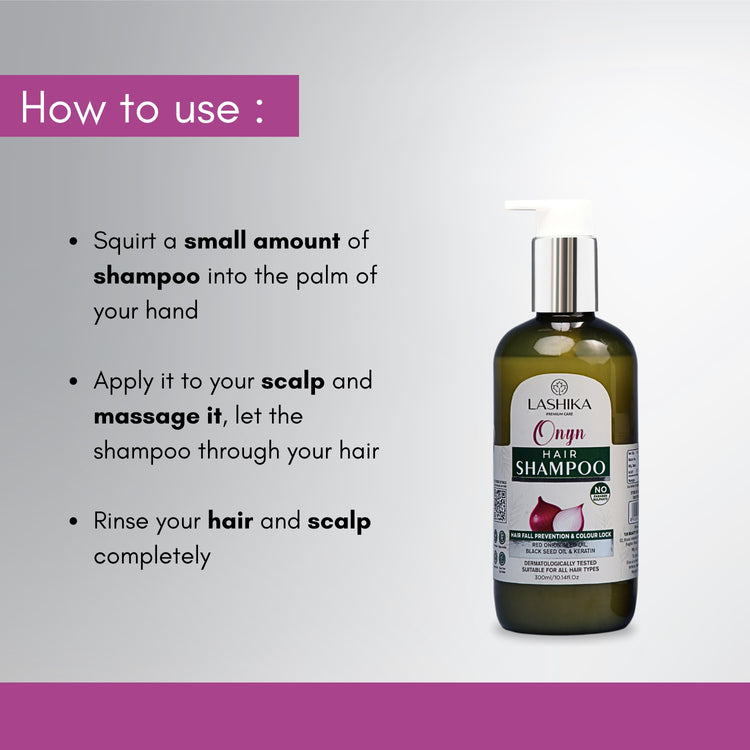 A step-by-step guide on using Onyn shampoo from Lashika for effective hair care and cleansing.