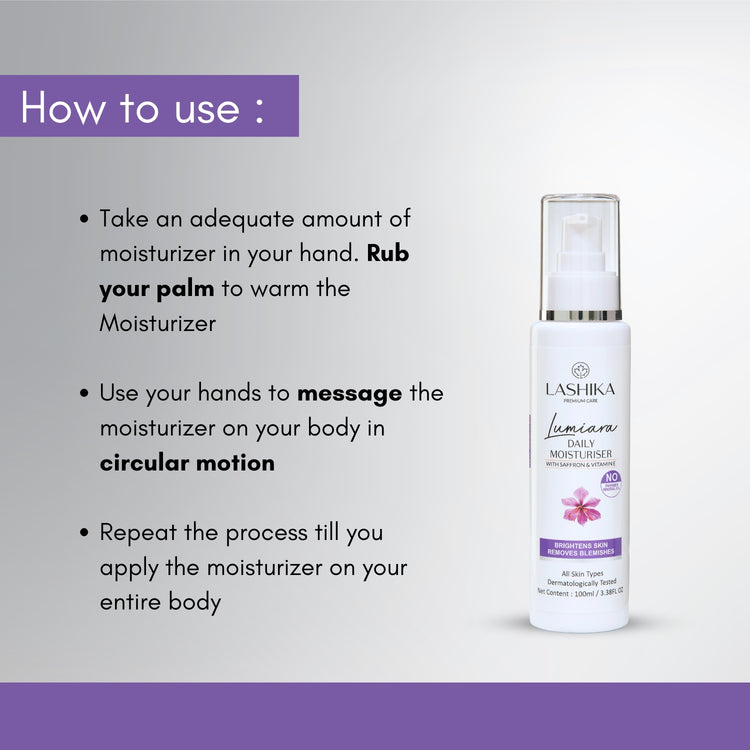  Lashika Lumiara Saffron & Vitamin E Moisturiser – Easy steps to deeply hydrate and nourish your skin for a soft, radiant glow.