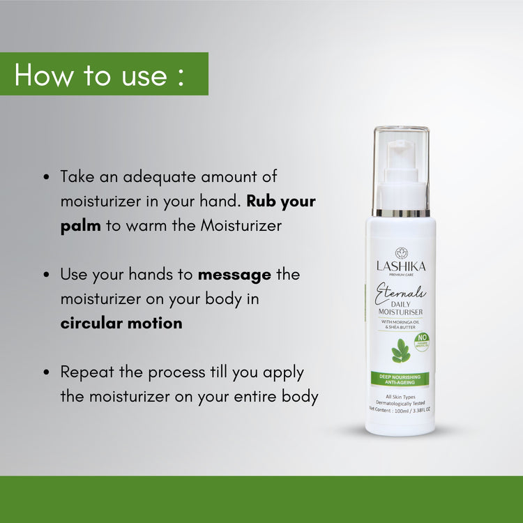 How to use Lashika Eternals Moisturiser – Apply, warm, massage, and nourish.