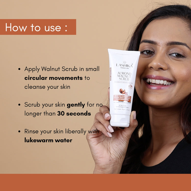 Image showing steps to use Lashika Almond Walnut Scrub, with a woman holding the tube and applying it for exfoliation and glowing skin