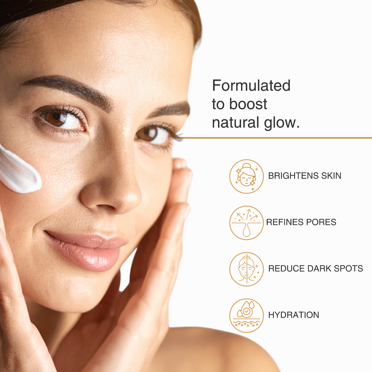 Woman applying Lashika Vit C Cream to her face with text highlighting product benefits on a white background