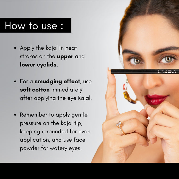 Step-by-step guide demonstrating how to apply Lashika Black Magik Kajal.