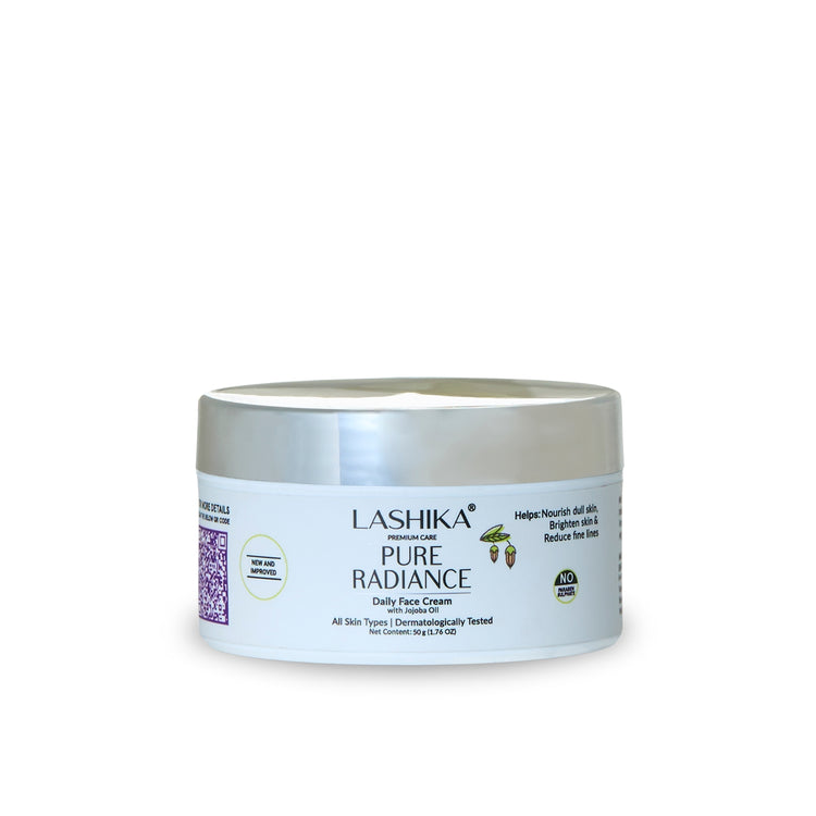 Lashika Pure Radiance Daily Face Cream nourishes dull skin, brightens complexion, and reduces fine lines for a radiant glow.