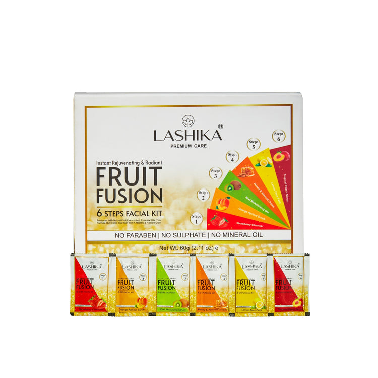 Lashika Fruit Fusion Facial Kit – A six-step natural skincare routine for glowing, hydrated, and youthful skin, enriched with fruit extracts.