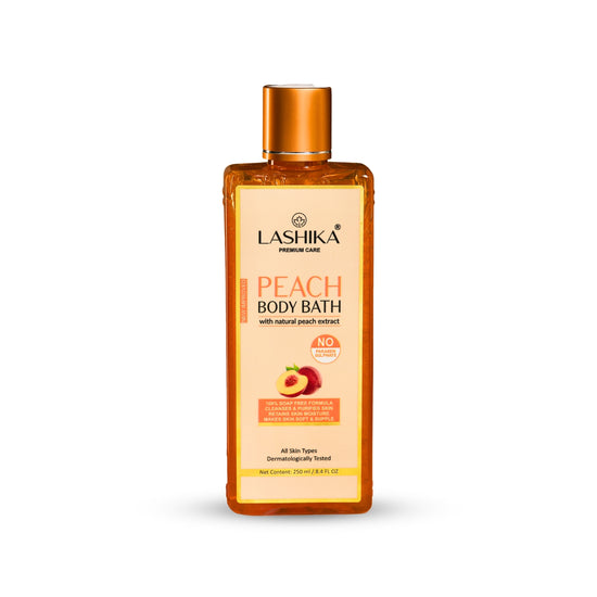 Lashika Peach Body Bath with natural peach extract gently cleanses, purifies, and moisturizes skin; suitable for all skin types.