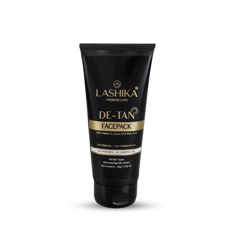 Lashika De-Tan Facepack – enriched with Lactic Acid, Niacinamide, and Aloe Vera, removes tan, brightens skin, and restores radiance.
