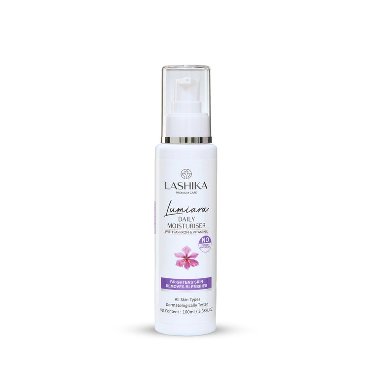 Lashika Lumiara Saffron & Vitamin E Moisturiser – Hydrating daily moisturizer with Kumkumadi Oil, Vitamin E, and Shea Butter for nourished, radiant skin.