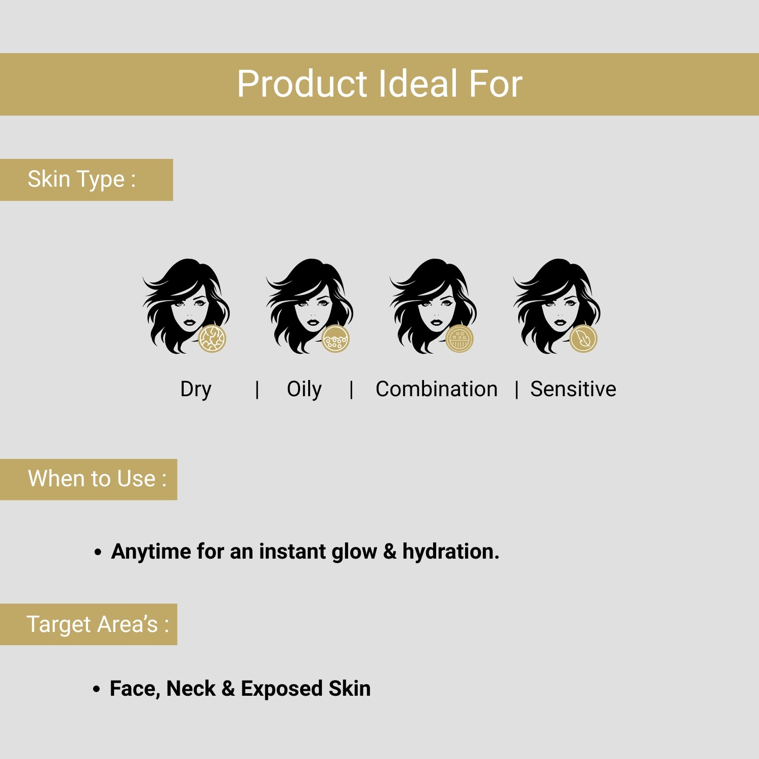 Lashika De-Tan Spray suits all skin types, offers instant glow & hydration anytime on face, neck & exposed skin.