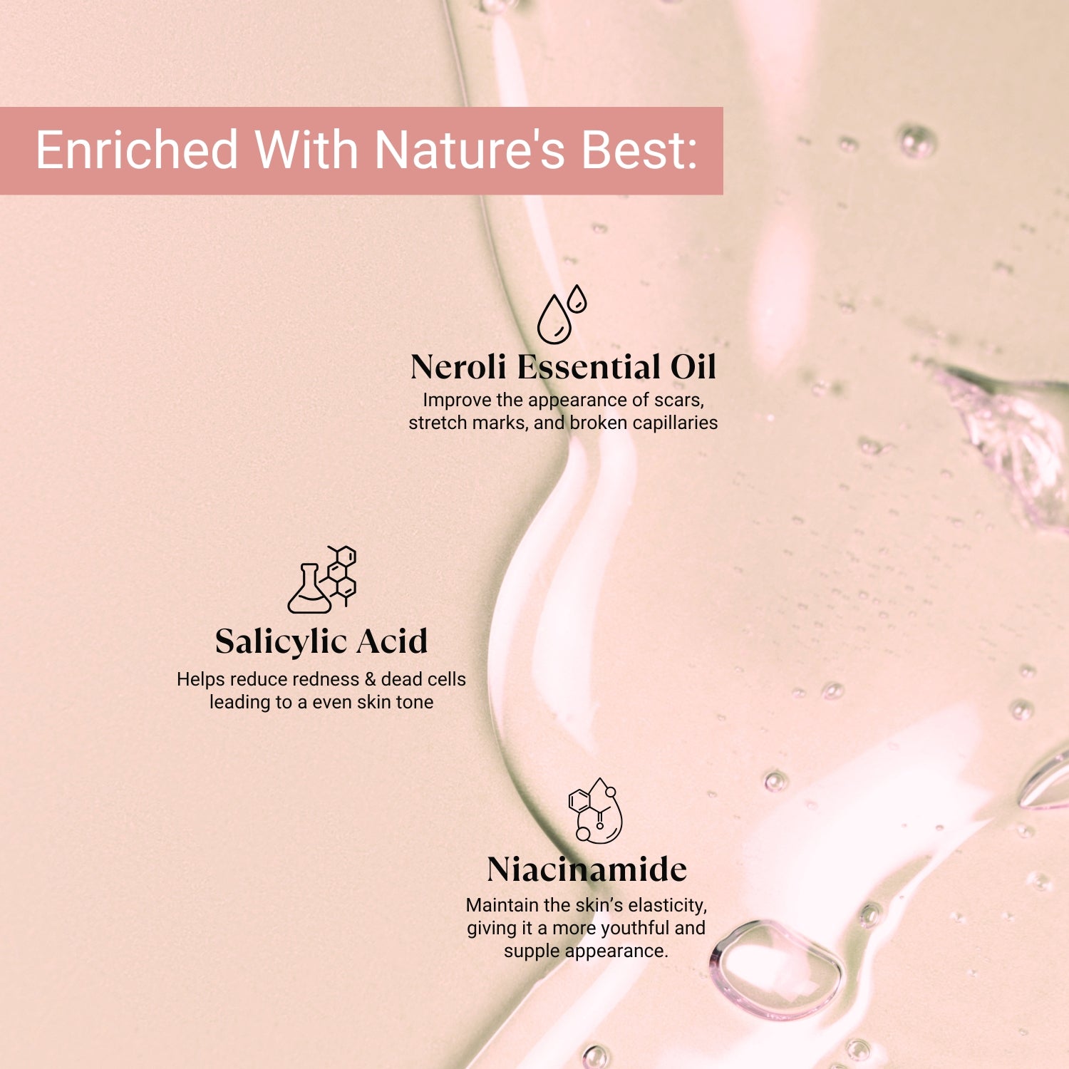 Lashika Body Wash enriched with Neroli Oil, Salicylic Acid, and Niacinamide for skin rejuvenation and even tone.