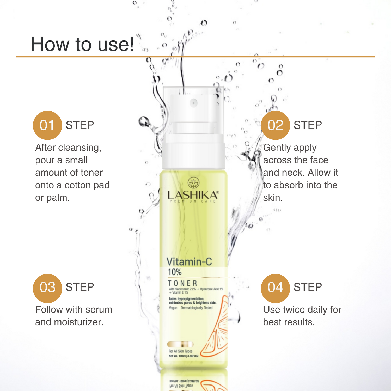 Lashika Vitamin-C Toner bottle with usage instructions on a white background