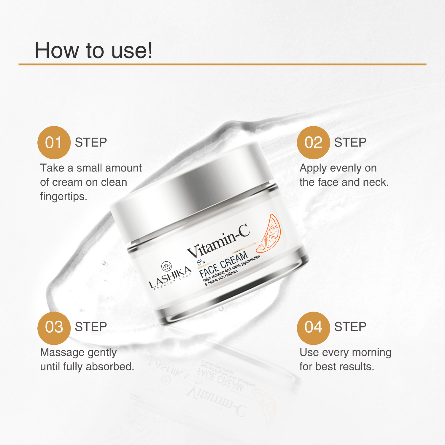 Lashika Vitamin-C Face Cream with usage instructions on a white background