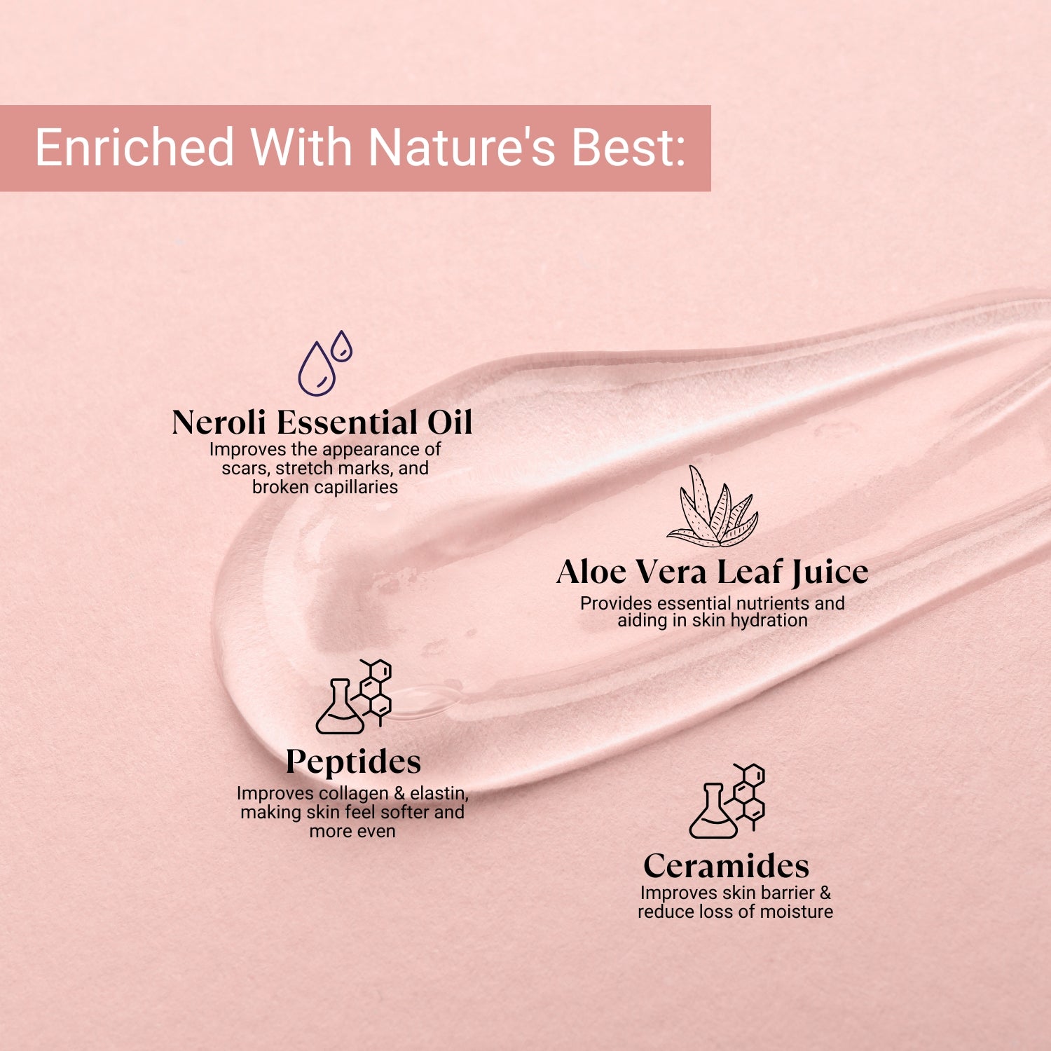 Face cream with neroli oil, aloe vera, peptides, and ceramides for hydration, barrier repair, and skin rejuvenation.