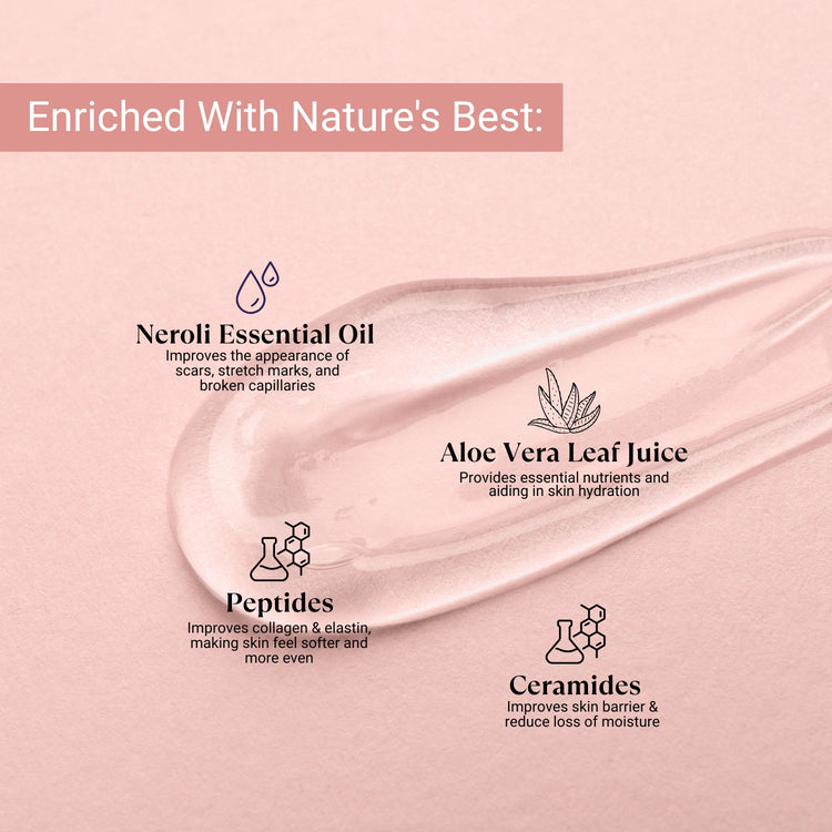 Face cream with neroli oil, aloe vera, peptides, and ceramides for hydration, barrier repair, and skin rejuvenation.