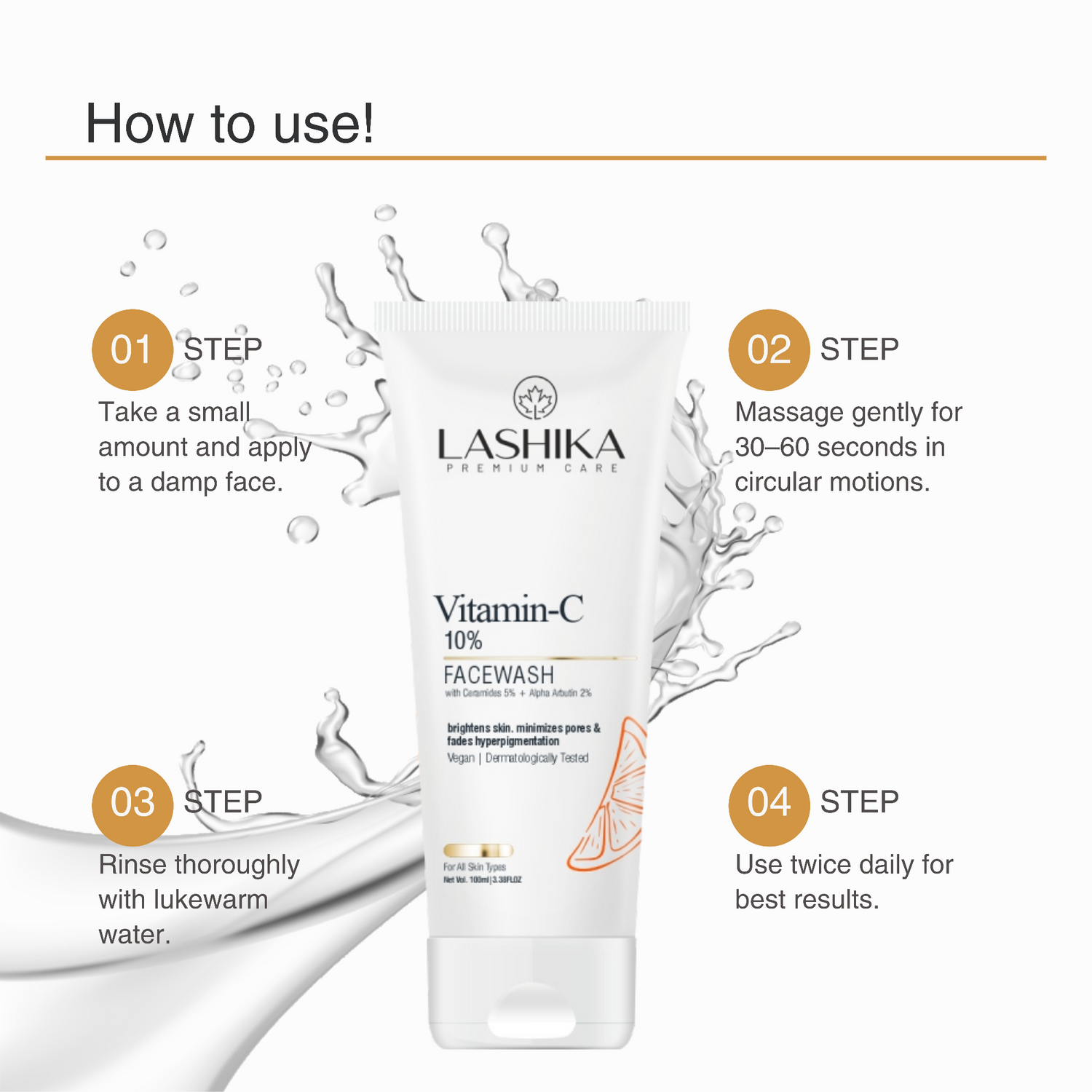 Lashika Vitamin-C Facewash with usage instructions on a white background