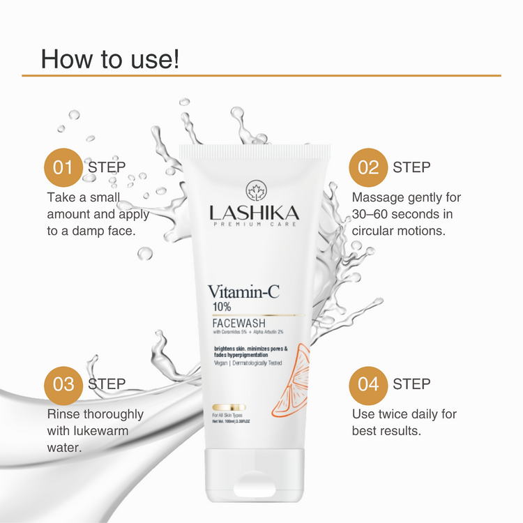 Lashika Vitamin-C Facewash with usage instructions on a white background