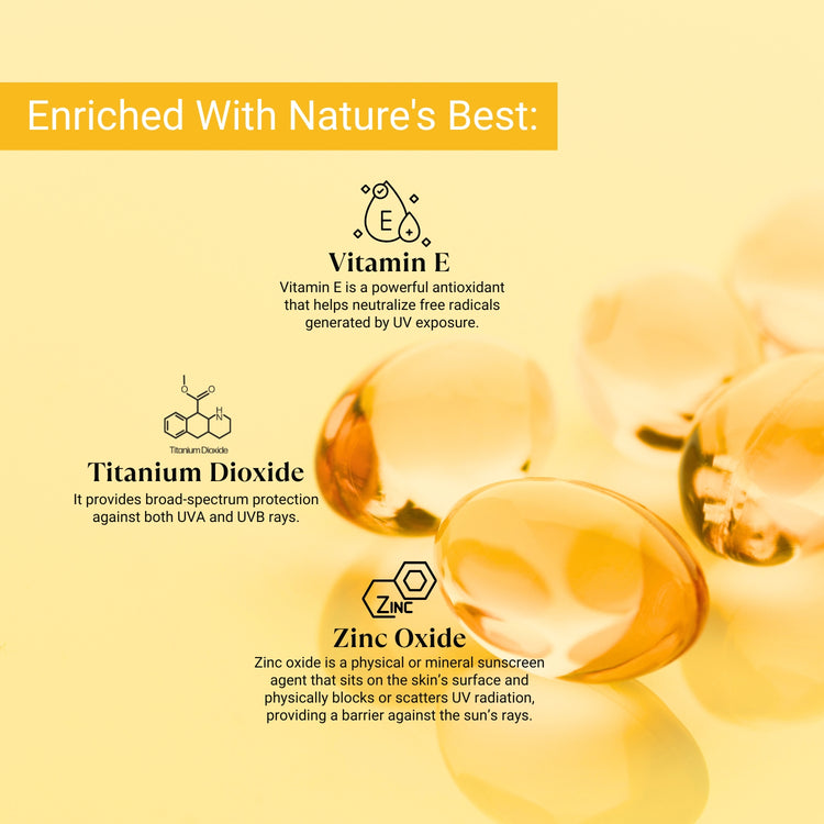 Lashika sunscreen with Vitamin E, Zinc Oxide & Titanium Dioxide for UV protection and healthy, radiant skin.