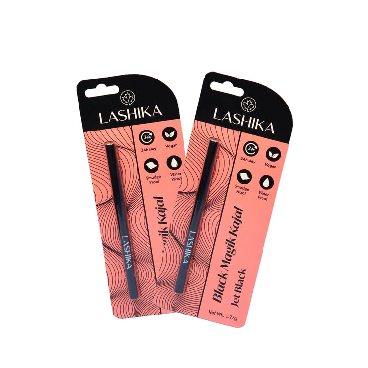 Two Lashika Black Magik Kajal packs in jet black shade, featuring a sleek black design with product benefits such as 24-hour stay, vegan, smudge-proof, and waterproof properties.