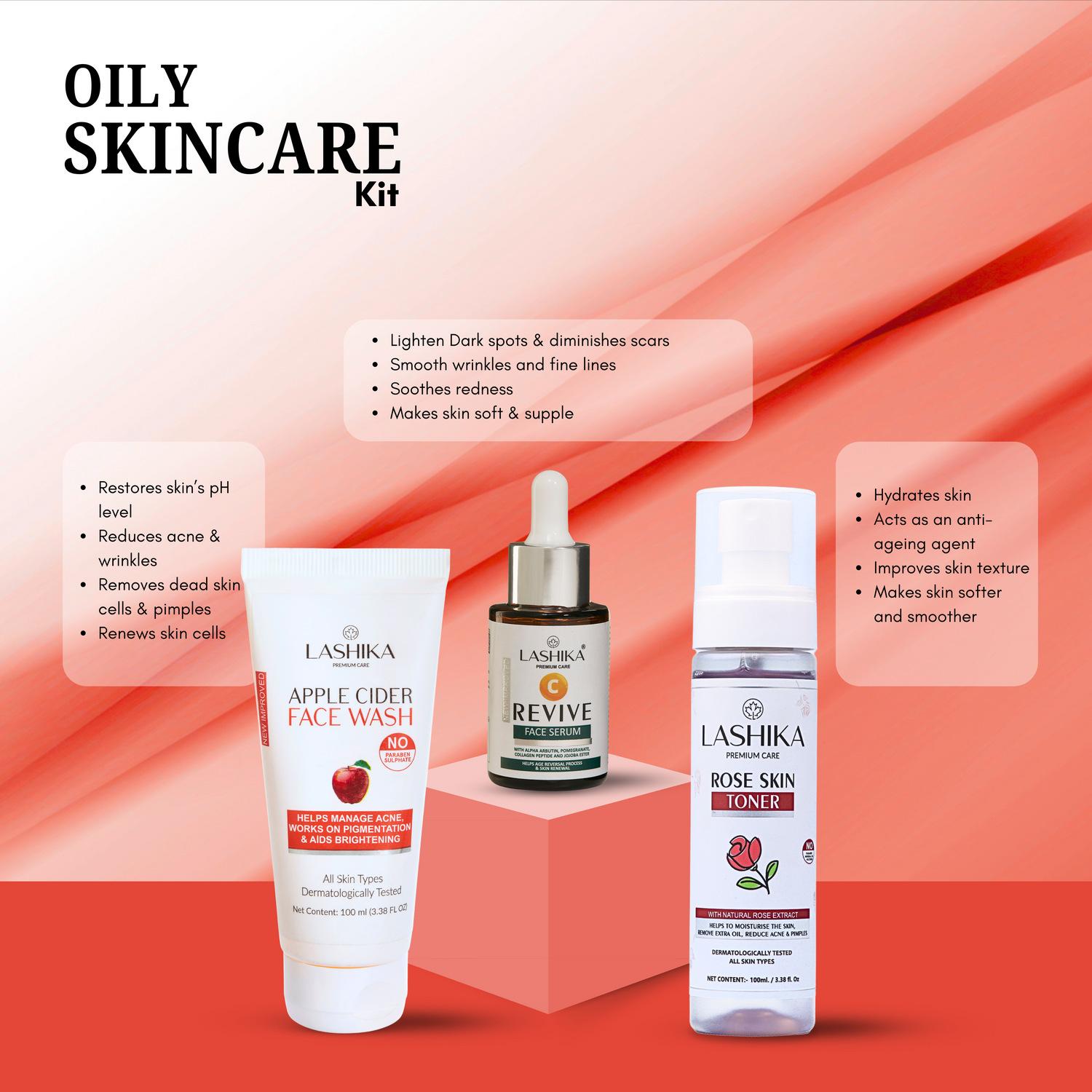 Lashika Oily Skincare Kit with Apple Cider Face Wash, Revive Serum, and Rose Toner for acne control and glowing skin.