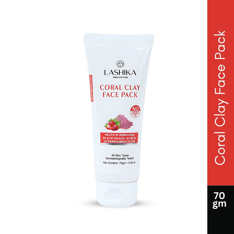 Lashika Coral Clay Face Pack detoxifies and refreshes skin; apply evenly, let sit, and rinse off with lukewarm water.
