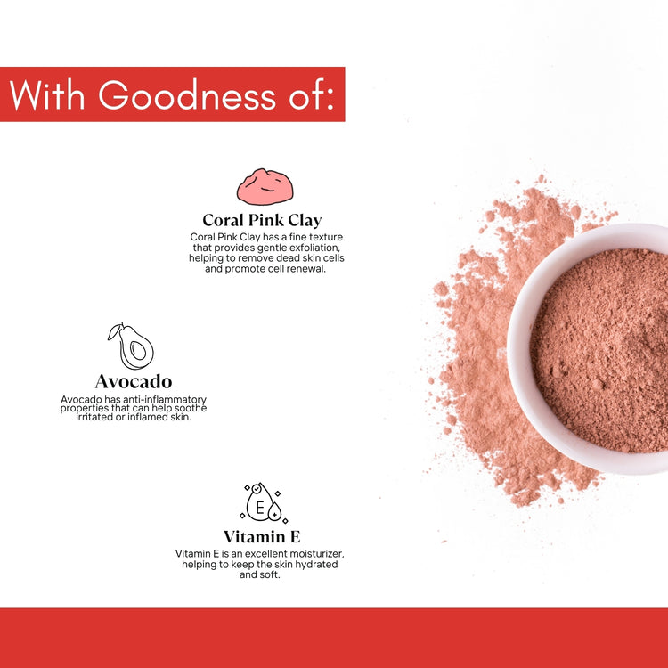 Lashika Coral Clay Face Pack with Coral Pink Clay, Avocado & Vitamin E gently exfoliates, soothes, and deeply moisturizes skin.