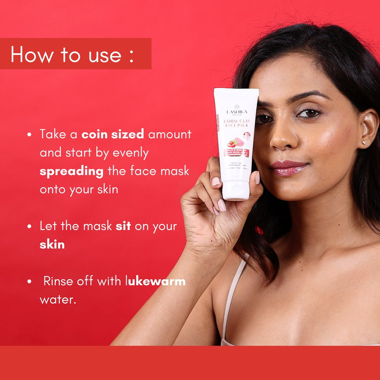 Lashika Coral Clay Face Pack detoxifies and refreshes skin; apply evenly, let sit, and rinse off with lukewarm water.