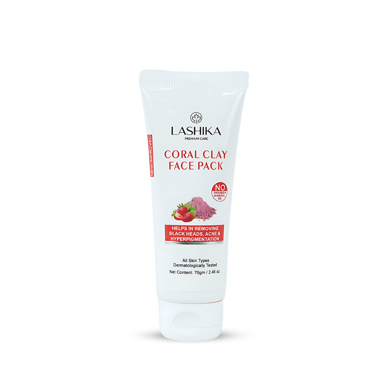 Lashika Coral Clay Face Pack removes blackheads, acne, and hyperpigmentation for clear, smooth skin; suitable for all types.