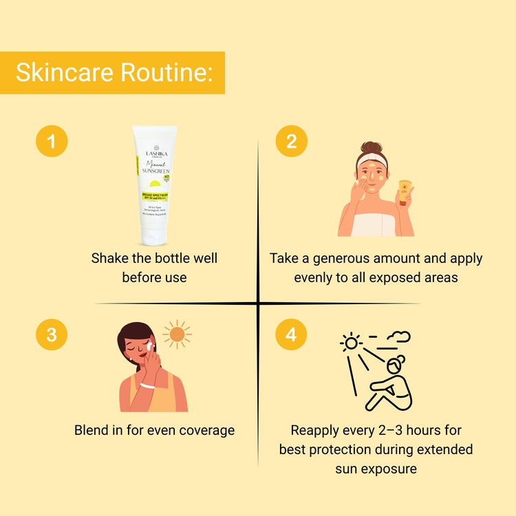 Lashika sunscreen routine: shake, apply evenly, blend well & reapply every 2-3 hrs for lasting sun protection
