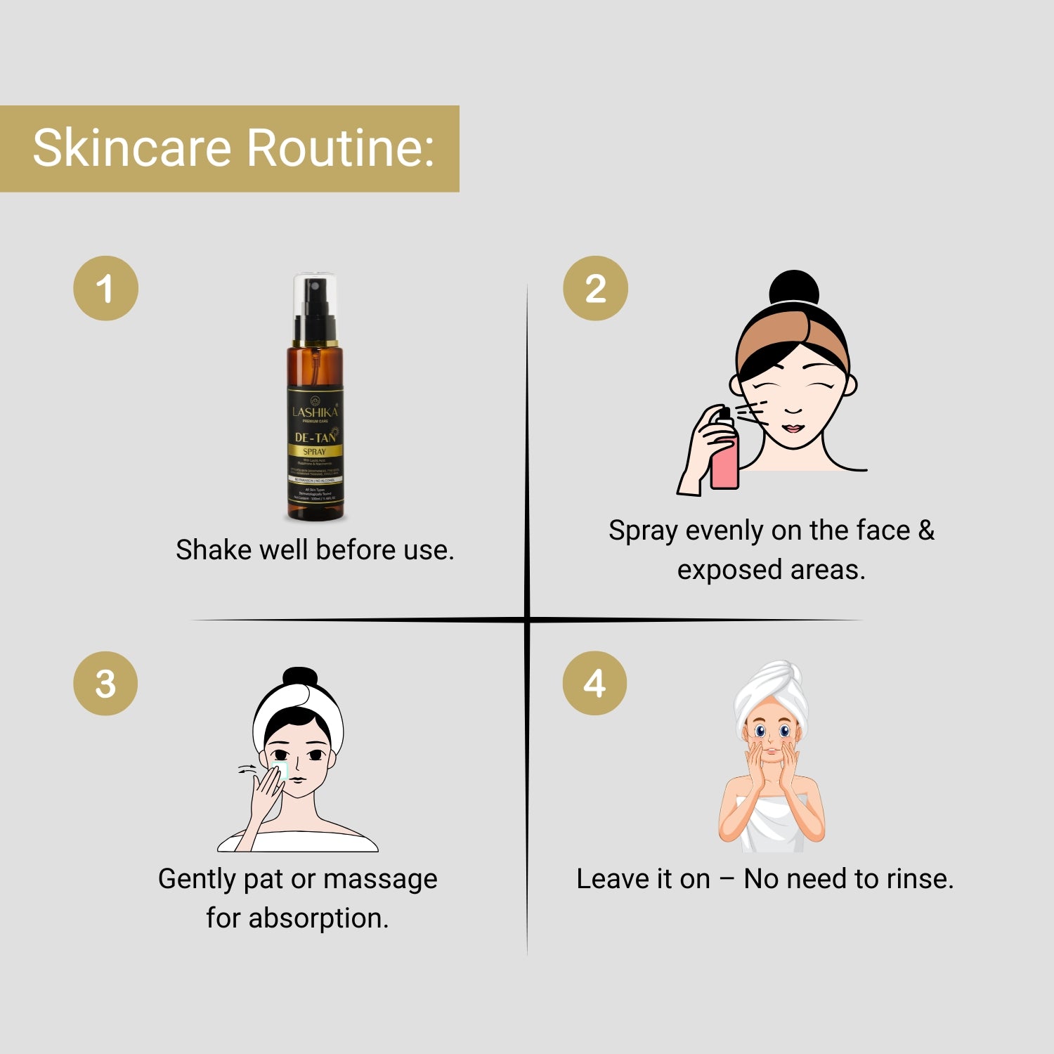 How to use Lashika De-Tan Spray—shake, spray on face & neck, pat gently, and leave on for instant brightness."