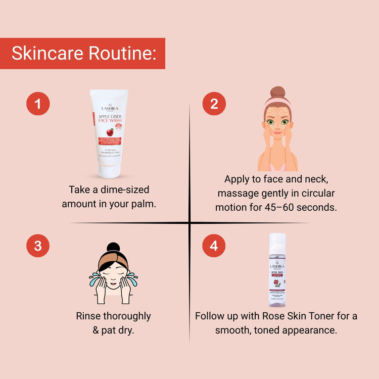 Step-by-step routine using Lashika Apple Cider Face Wash for deep cleansing and toning with rose skin toner.