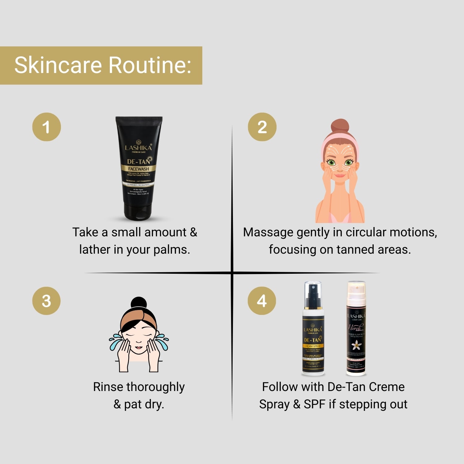 Lashika De-Tan Facewash cleanses, brightens skin, and reduces tan, leaving your face refreshed, even-toned, and radiant.