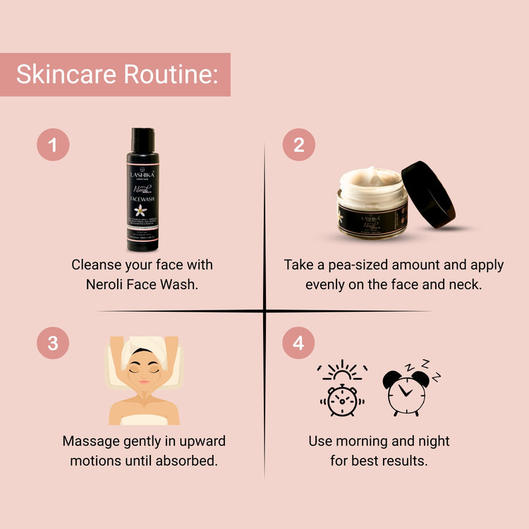 How to use Neroli Face Cream—cleanse, apply evenly, massage gently, use morning and night for glowing skin.