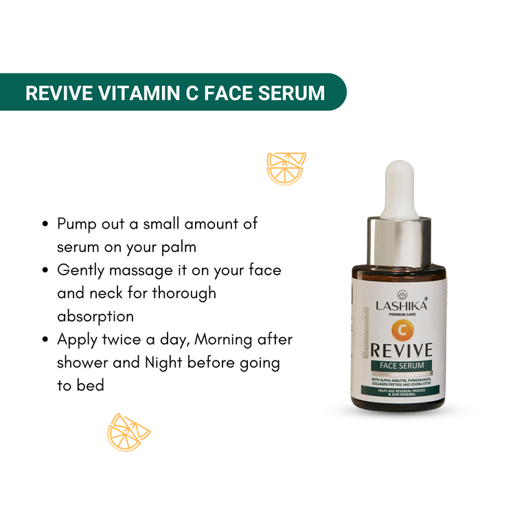 Lashika Revive Vitamin C Face Serum for glowing skin, reduces pigmentation, hydrates & improves skin texture.