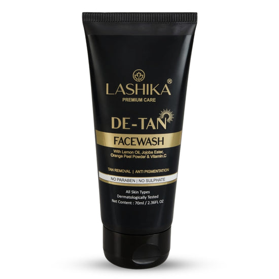 Lashika De-Tan Facewash with lemon oil and vitamin C for tan removal and anti-pigmentation.