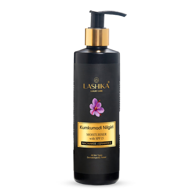 Front view of Kumkumadi Nilgiri Moisturizer bottle showcasing its Ayurvedic blend for radiant, hydrated, and nourished skin.