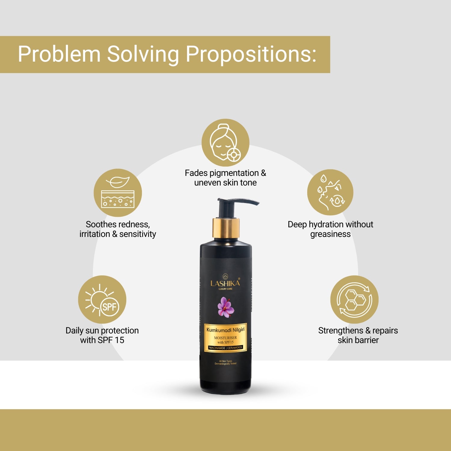 Lashika Kumkumadi Nilgiri Moisturizer soothes irritation, fades pigmentation, hydrates deeply, and offers SPF 15 daily protection.