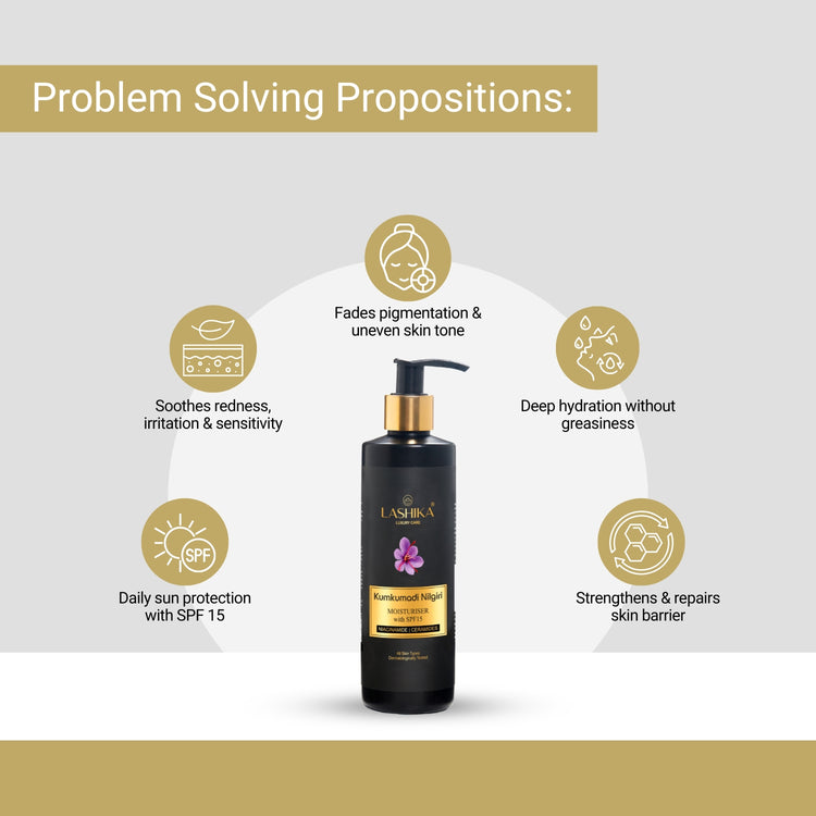 Lashika Kumkumadi Nilgiri Moisturizer soothes irritation, fades pigmentation, hydrates deeply, and offers SPF 15 daily protection.