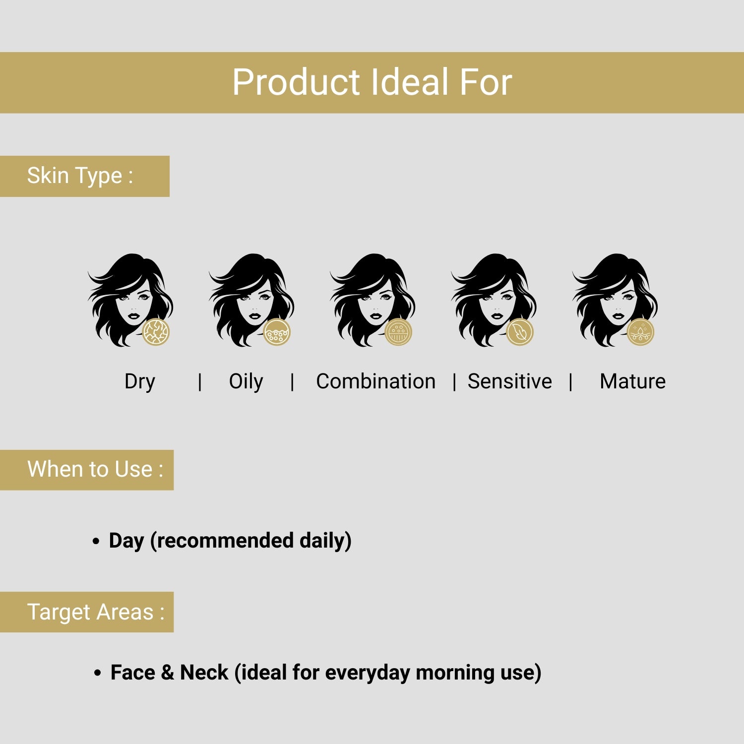 Ideal for dry, oily, combination, sensitive, and mature skin; use daily in the morning on face and neck for hydrated, radiant skin.