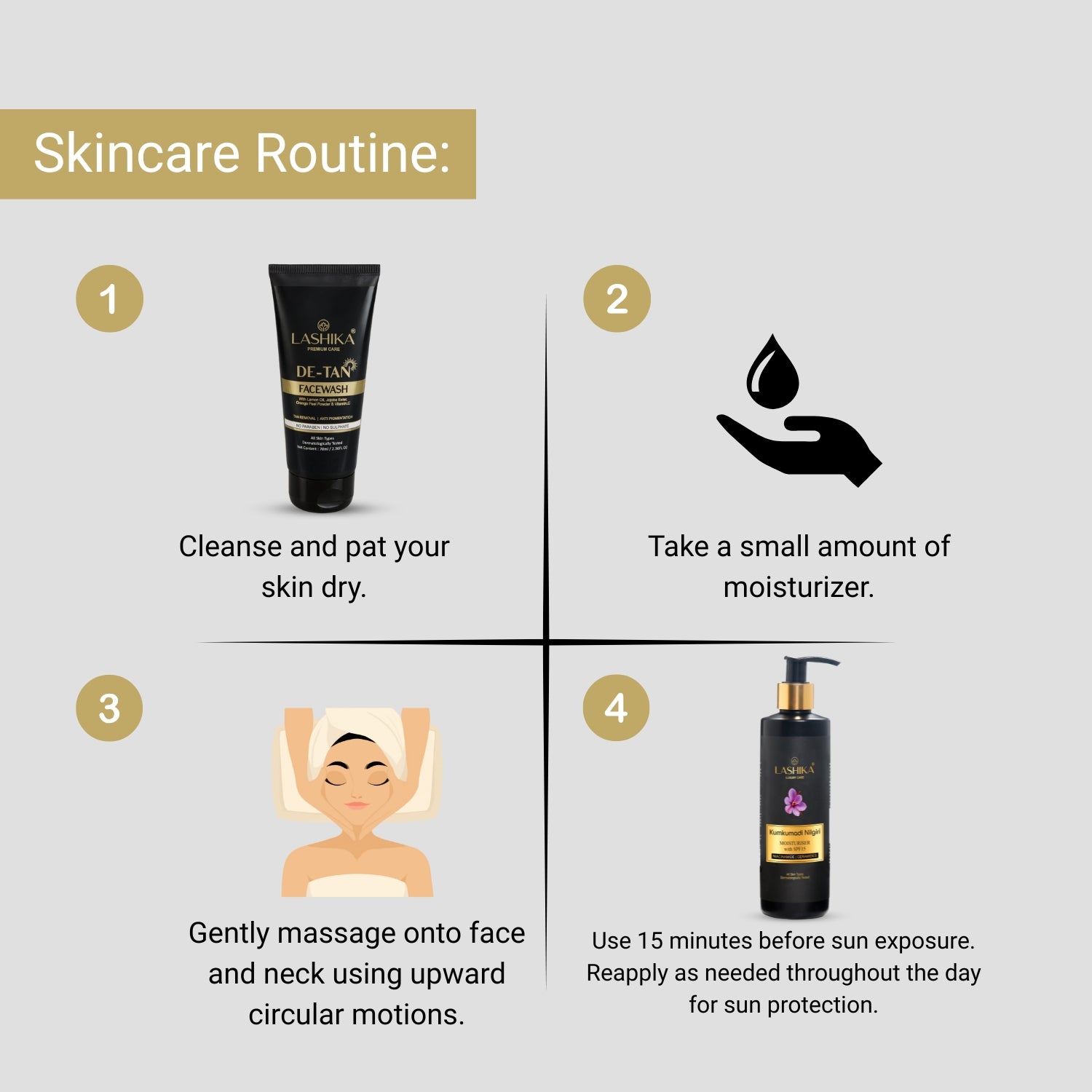 Step-by-step routine with Kumkumadi Nilgiri Moisturizer—cleanse, apply, massage, and use before sun exposure for glowing skin.